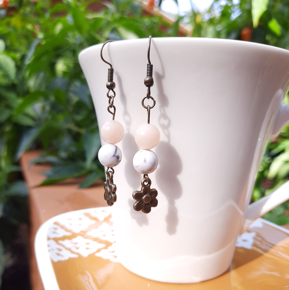 Bronze Flower, White Howlite, & Pink Aventurine Stone Earrings